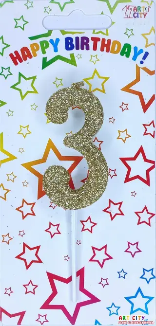 Свічка цифра 3 посипана золотом  - довга ніжка