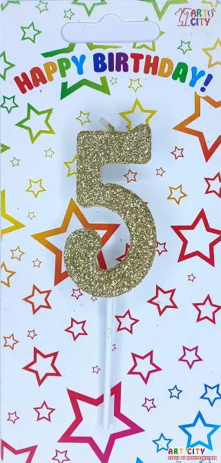 Свічка цифра 5 посипана золотом  - довга ніжка