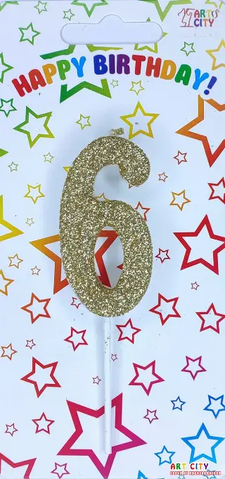 Свічка цифра 6 посипана золотом  - довга ніжка