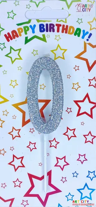 Свічка цифра 0 посипана сріблом  - довга ніжка