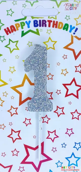 Свічка цифра 1  посипана сріблом  - довга ніжка