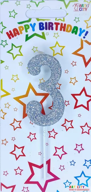 Свічка цифра 3 посипана сріблом  - довга ніжка