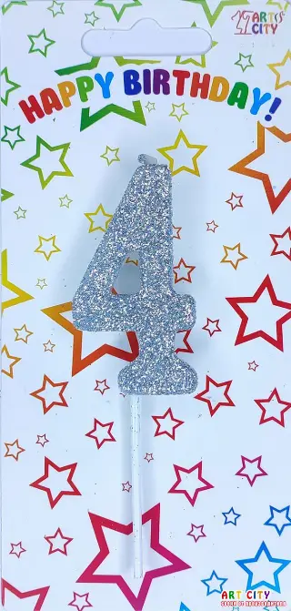 Свічка цифра 4 посипана сріблом  - довга ніжка