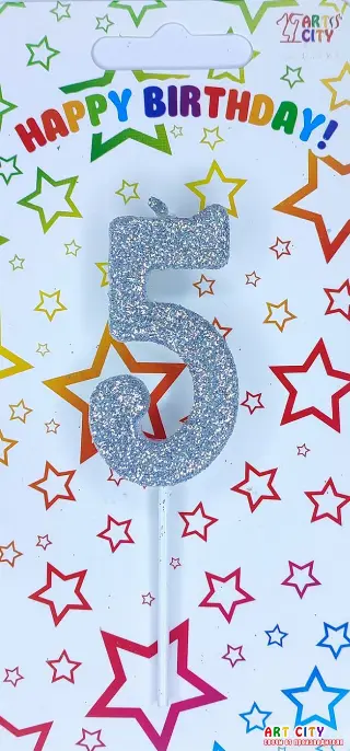 Свічка цифра 5  посипана сріблом  - довга ніжка