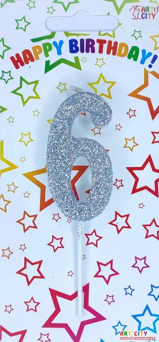 Свічка цифра 6 посипана сріблом  - довга ніжка