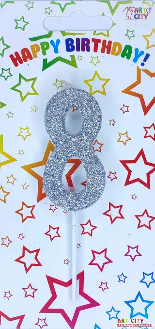 Свічка цифра 8 посипана сріблом  - довга ніжка