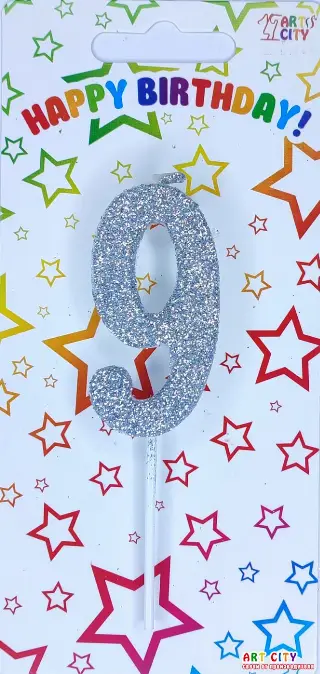 Свічка цифра 9 посипана сріблом  - довга ніжка