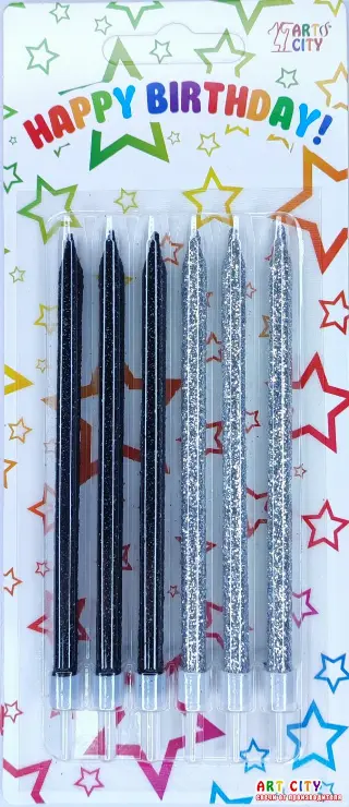 Високі свічки для торта ArtCity срібні з чорним 6 шт. | Купити срібно-чорні свічки