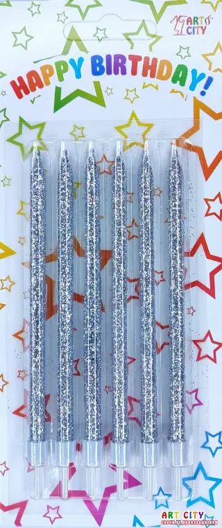 Високі свічки для торта ArtCity срібні 6 шт. | Купити металік свічки